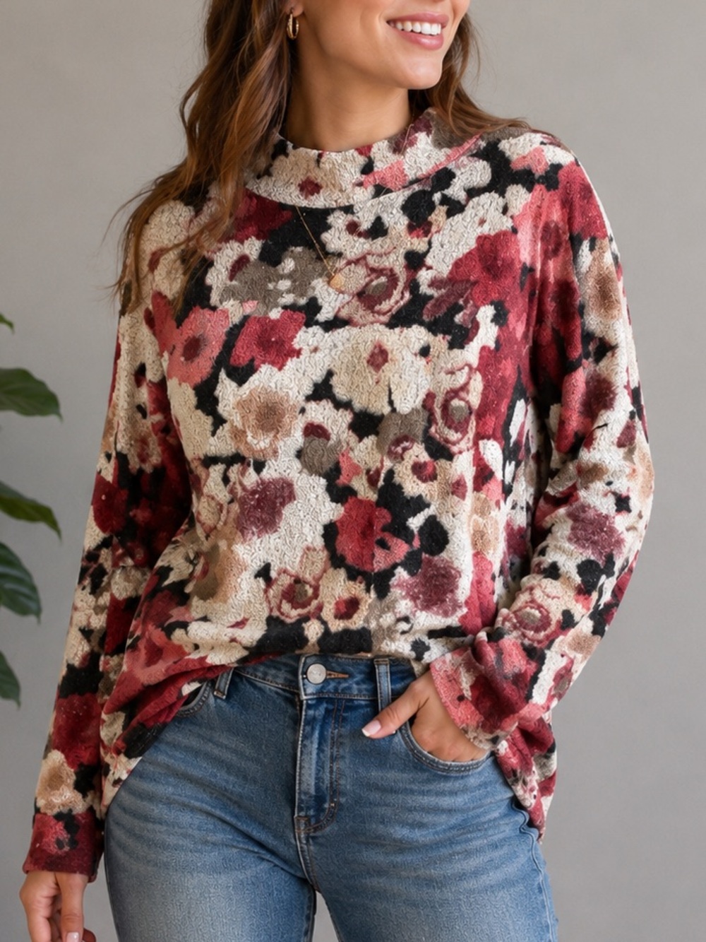 Dantelle Floral Soft Knit Mock Neck Sweater Top Women’s Plus Size